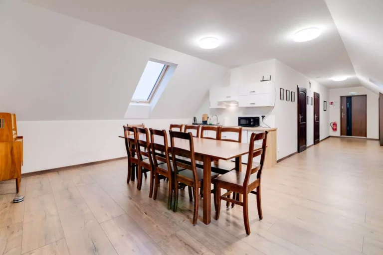Wnętrze apartamentu z jadalnią i aneksem kuchennym