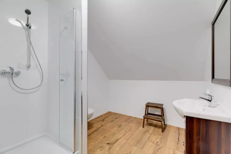Łazienka z prysznicem w apartamencie Folwarku Żabowo