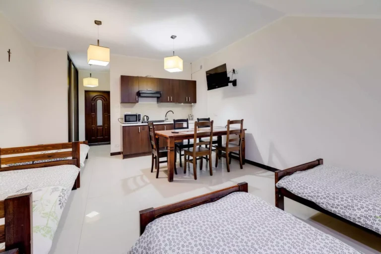 Wnętrze apartamentu z łóżkami i aneksem kuchennym