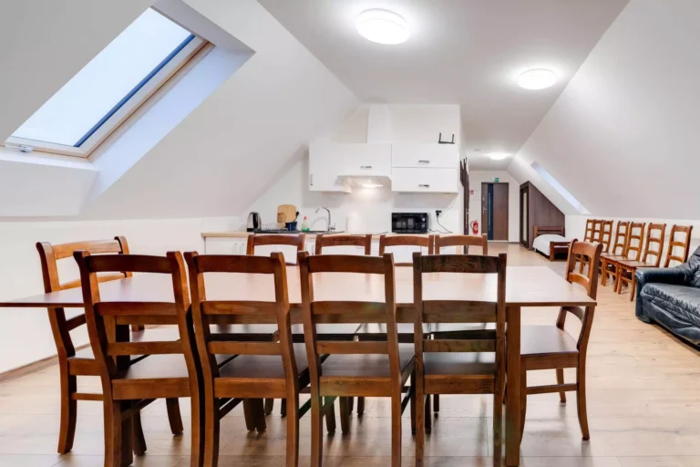 Apartament z dużym stołem, aneksem kuchennym i częścią wypoczynkową